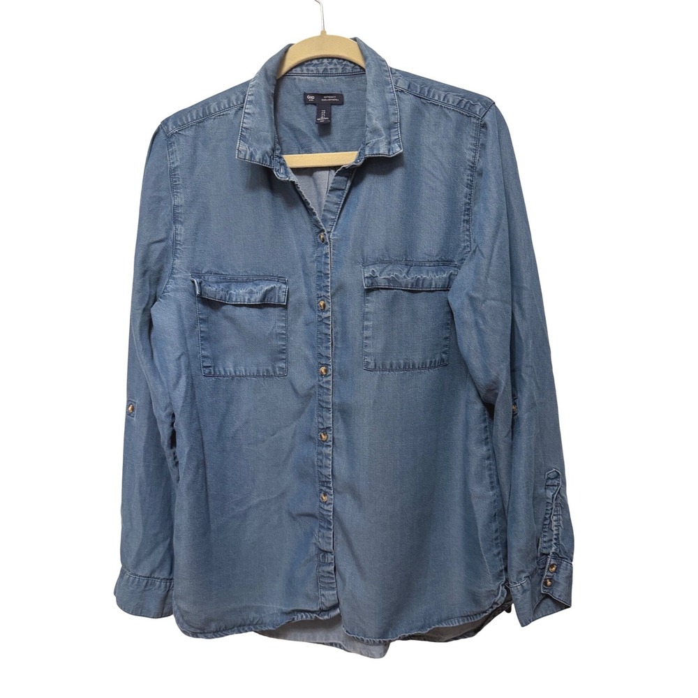 Gap Boyfriend Fit Denim Shirt Blue Lyocell Roll Tab Long Sleeve Womens Large